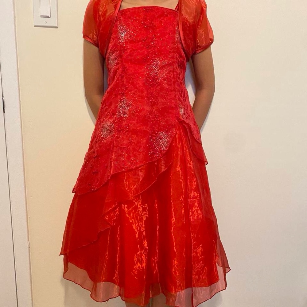 Girls Elegant Gem Bedazzled Red Layered Dress